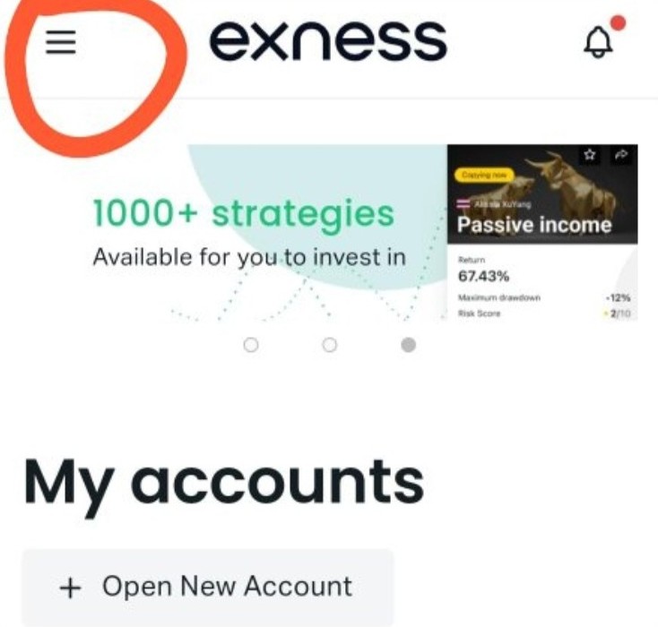 Beranda Exness setelah login. Ikon tiga garis di kiri atas dilingkari merah.