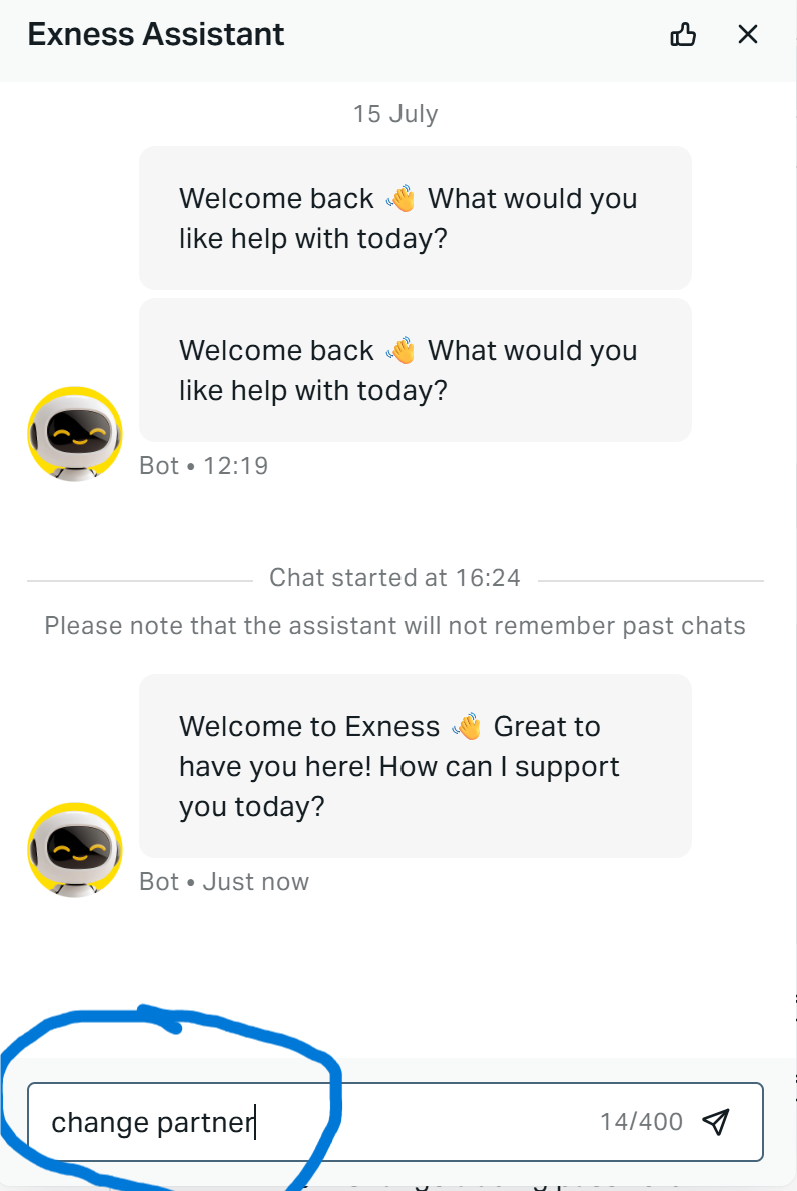 Chat Exness Assistant. Kolom pesan berisi tulisan change partner, dilingkari biru.