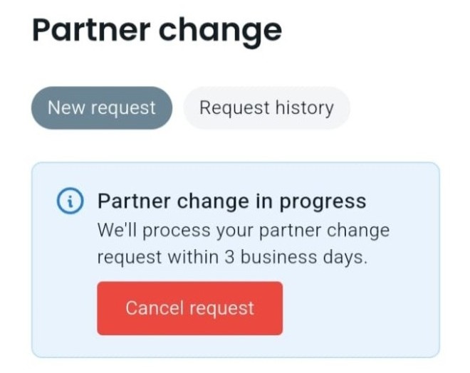 Halaman Partner change dengan status Partner change in progress dan tombol Cancel request.